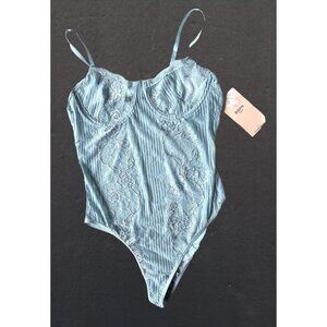 NWT Blashe Teddy  Bodysuit Sz M Blue Sheer Lace Accents Snap Closure Exo…